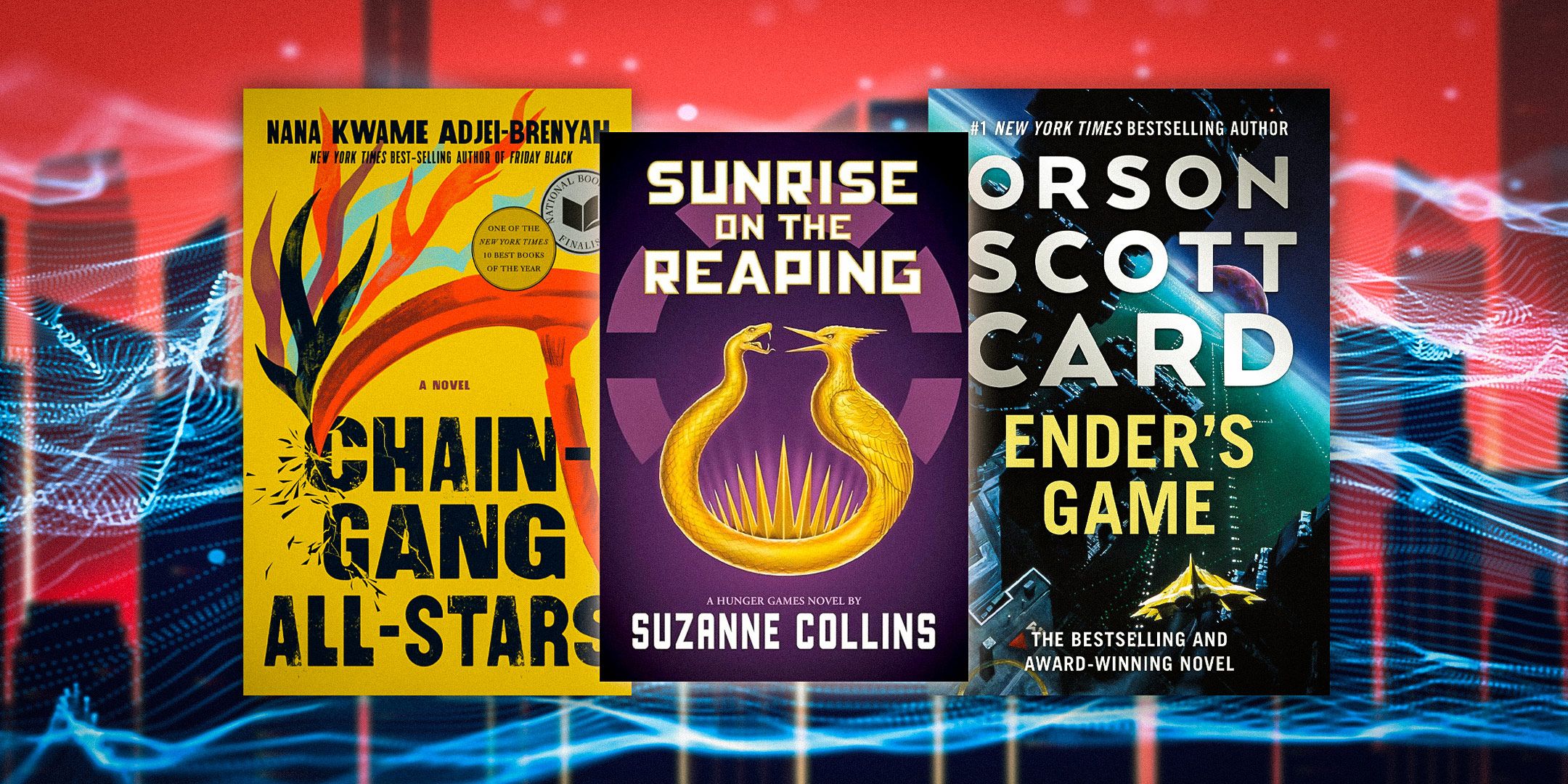 book-cover-imagery-of-Chain-Gang-All-Stars,-Sunrise-on-the-Reaping,-and-Ender&rsquo;s-Game