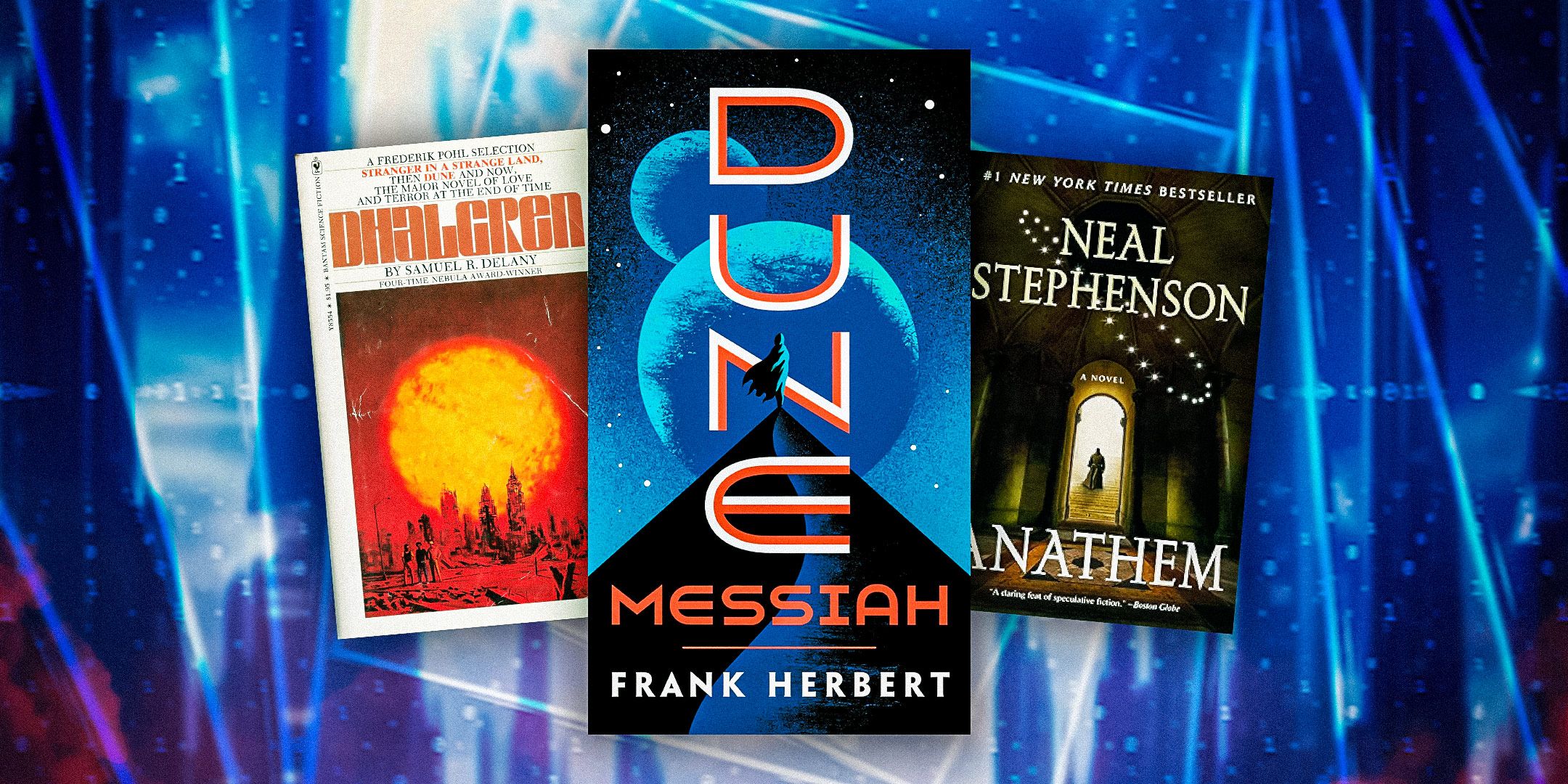Book covers of Dhalgren, Dune Messiah, and Anthem over a sparkly blue geometric background