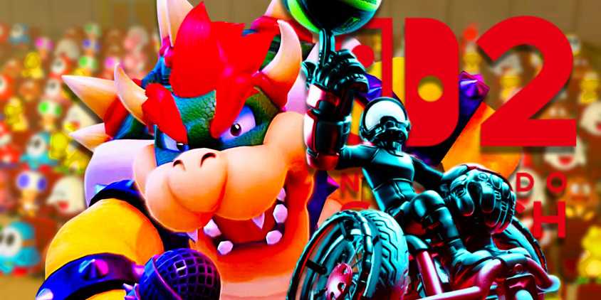 Bowser holding a microphone from Mario Party Jamboree with a character from Drag X Drive holding a basket ball with the Nintendo Switch 2 logo behind them.