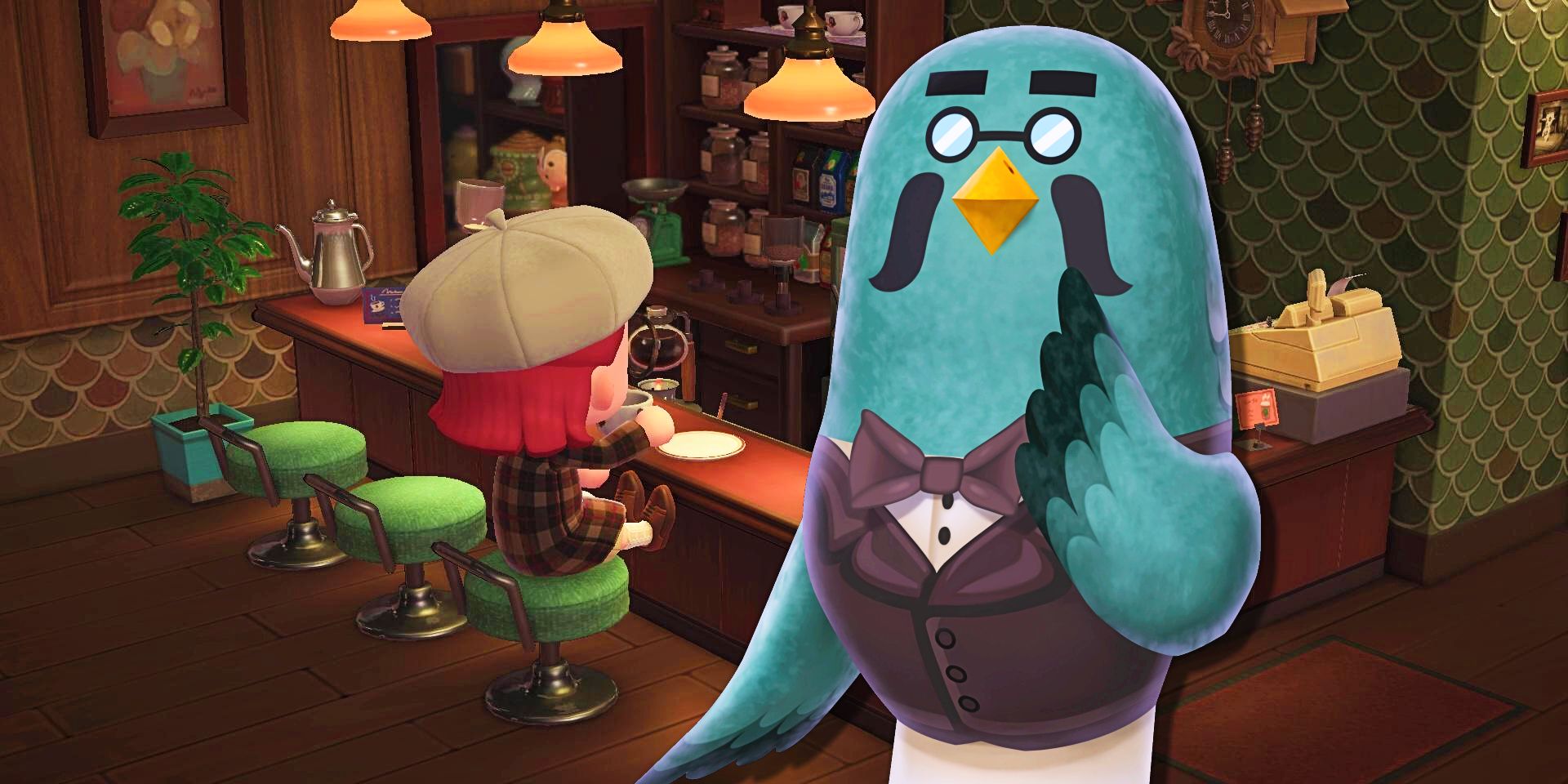 Brewster and a patron in The Roost in a screenshot coffee shop from Animal Crossing New Horizons.