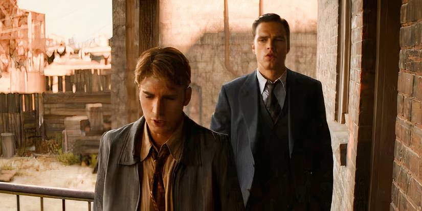 Bucky standing behind skinny Steve in a flashback scene from Captain America: The Winter Soldier (2014)