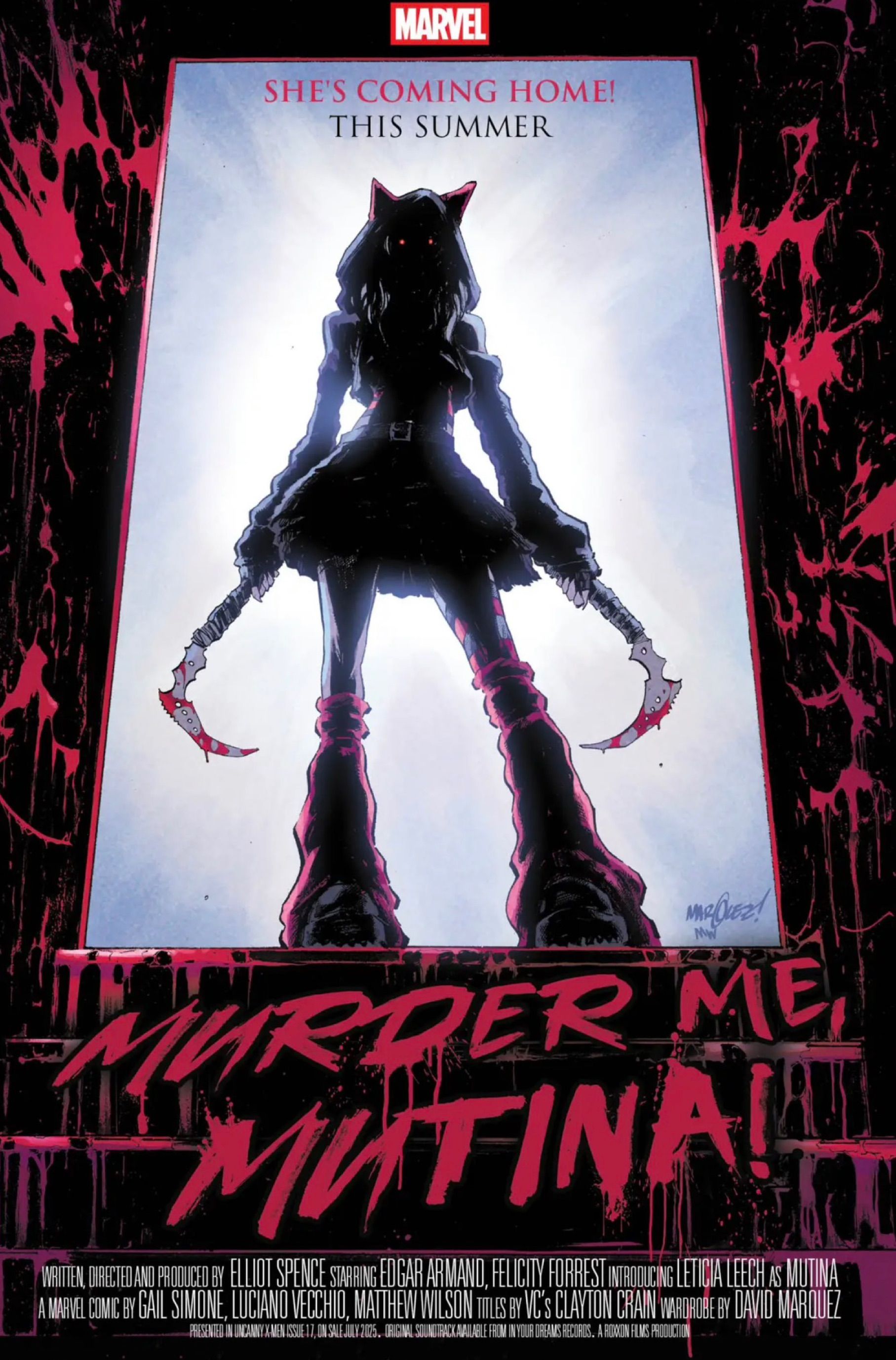 Uncanny X-Men #17 cover by David Marquez: movie poster titled “Murder Me, Mutina!” with new murderous mutant girl