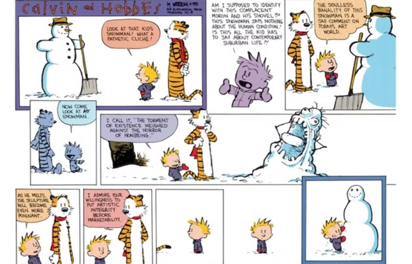 Calvin and Hobbes make snowman together