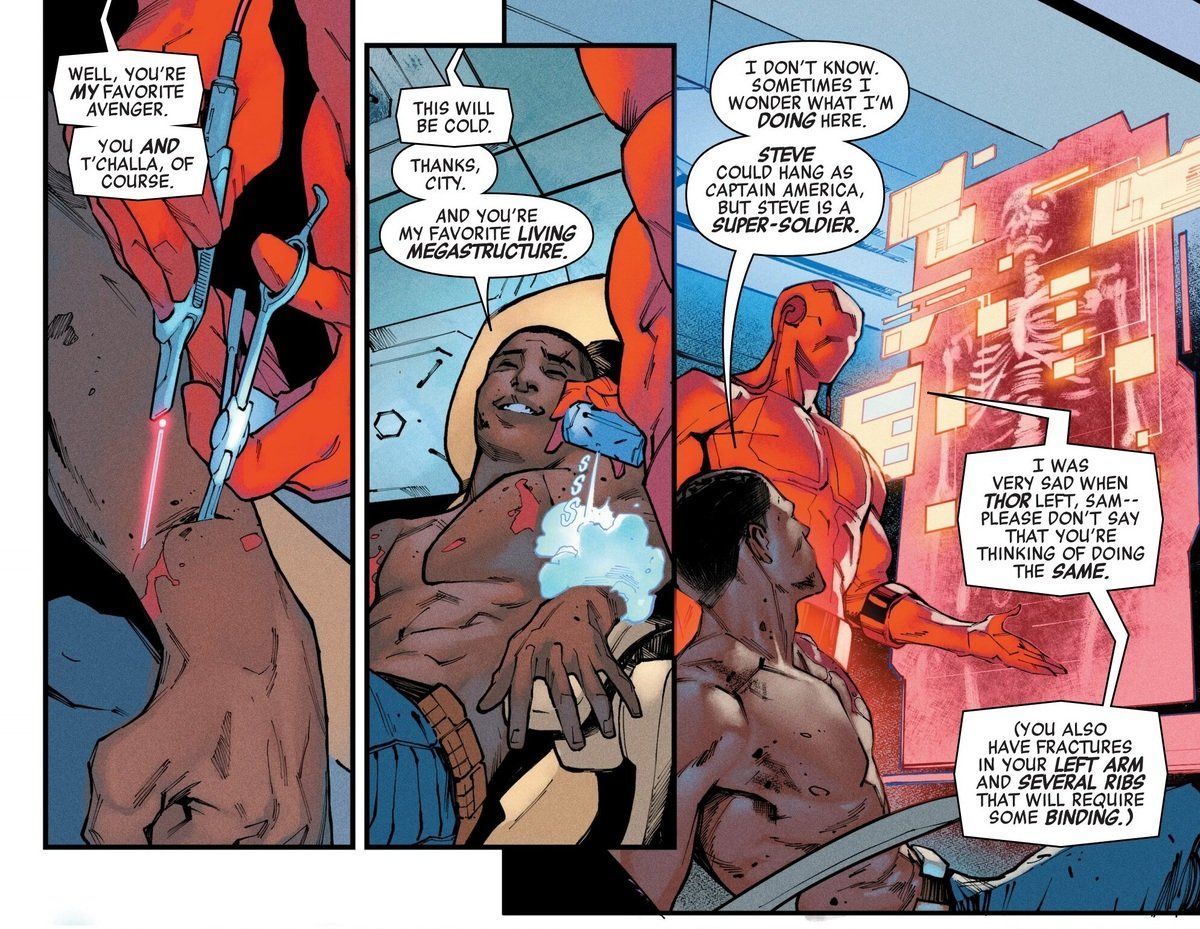 Captain America Sam Wilson With the Impossible City tending his wounds