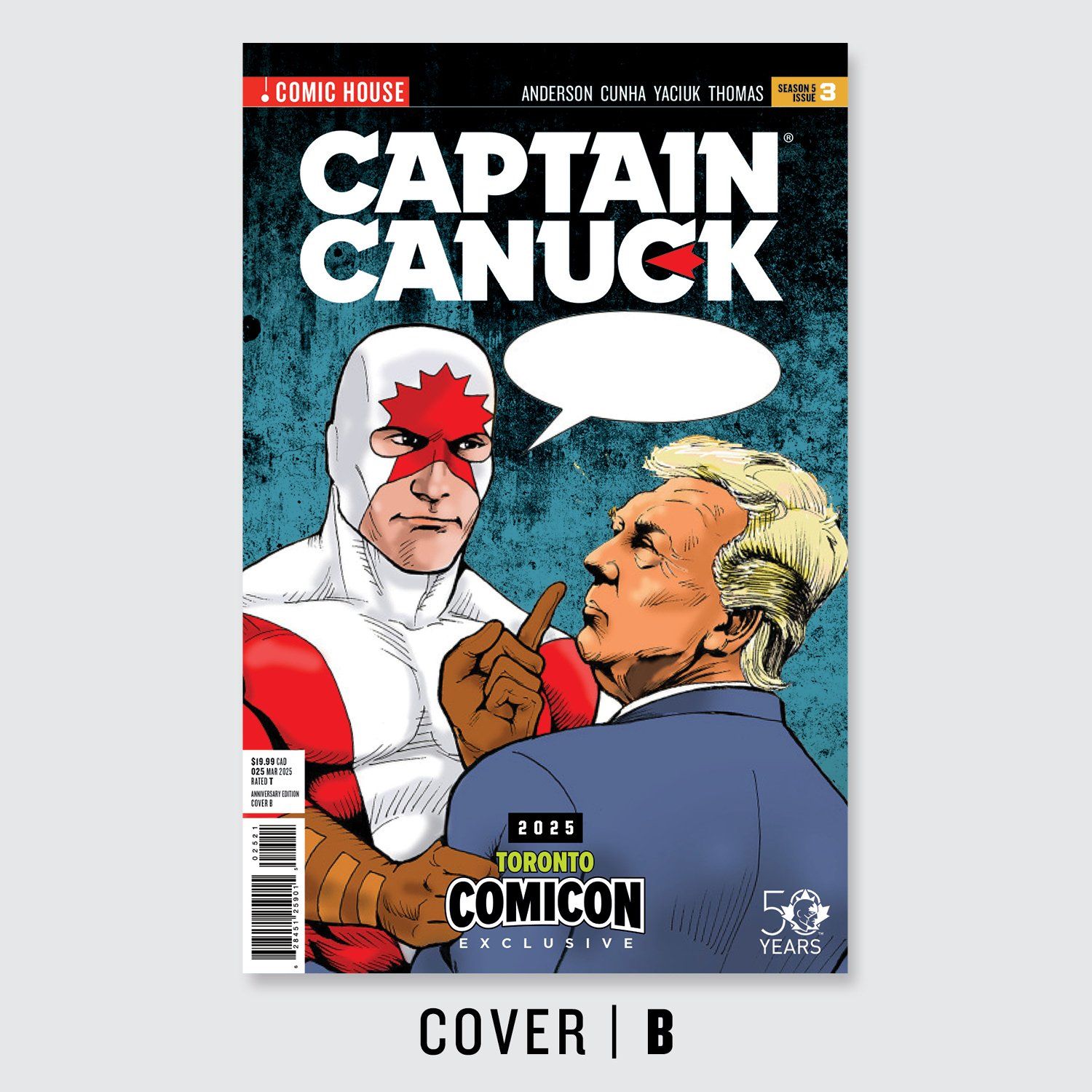 Captain Canuck grabs and points finger at Donald Trump in variant cover art by Richard Comely