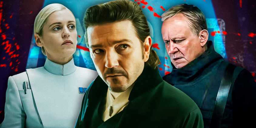 Cassian Andor in the center with Dedra Meero on the left and Luthen Rael on the right.