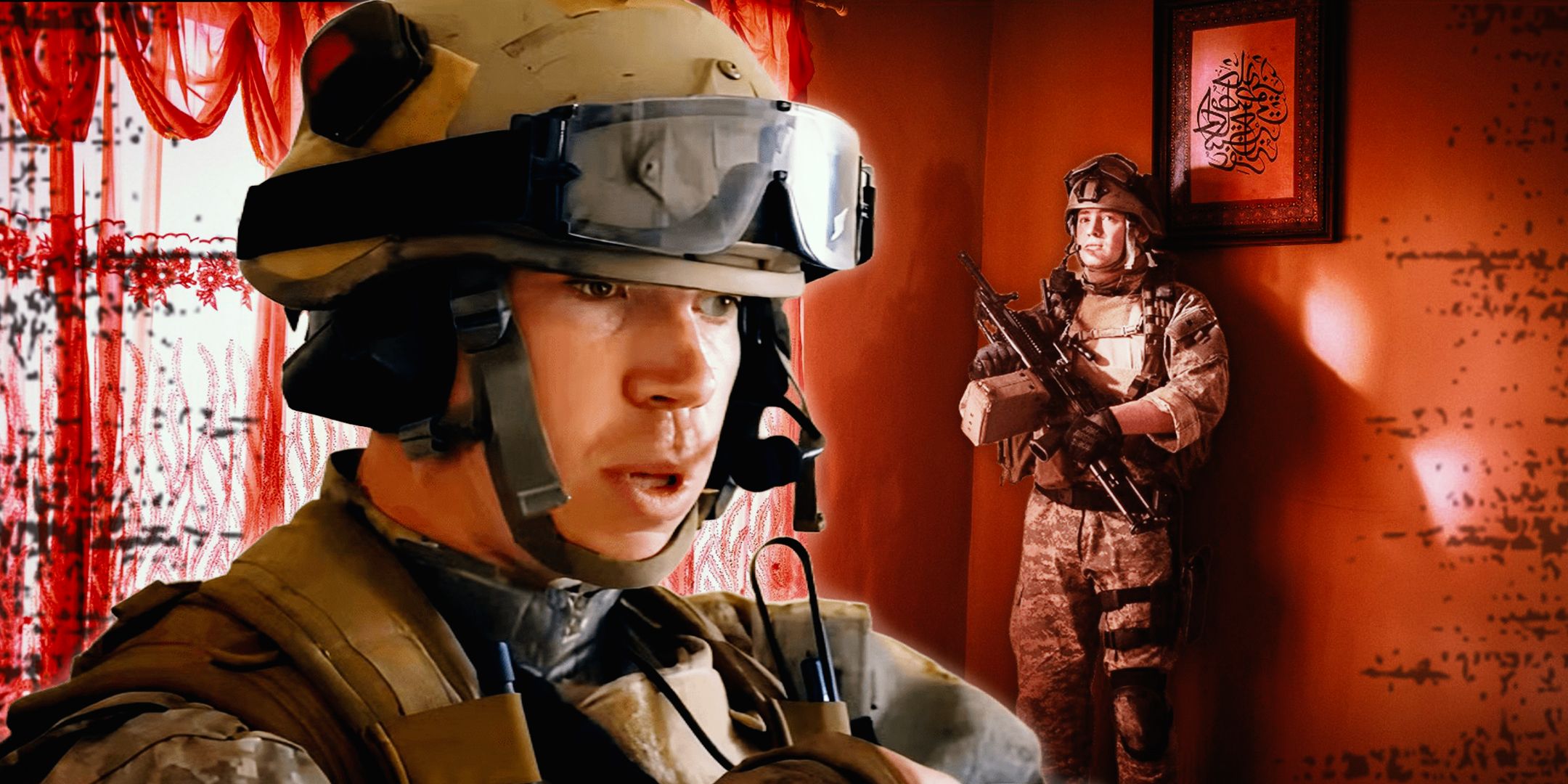 Cast of Warfare A24 in Front of a Red Background Looking Terrified