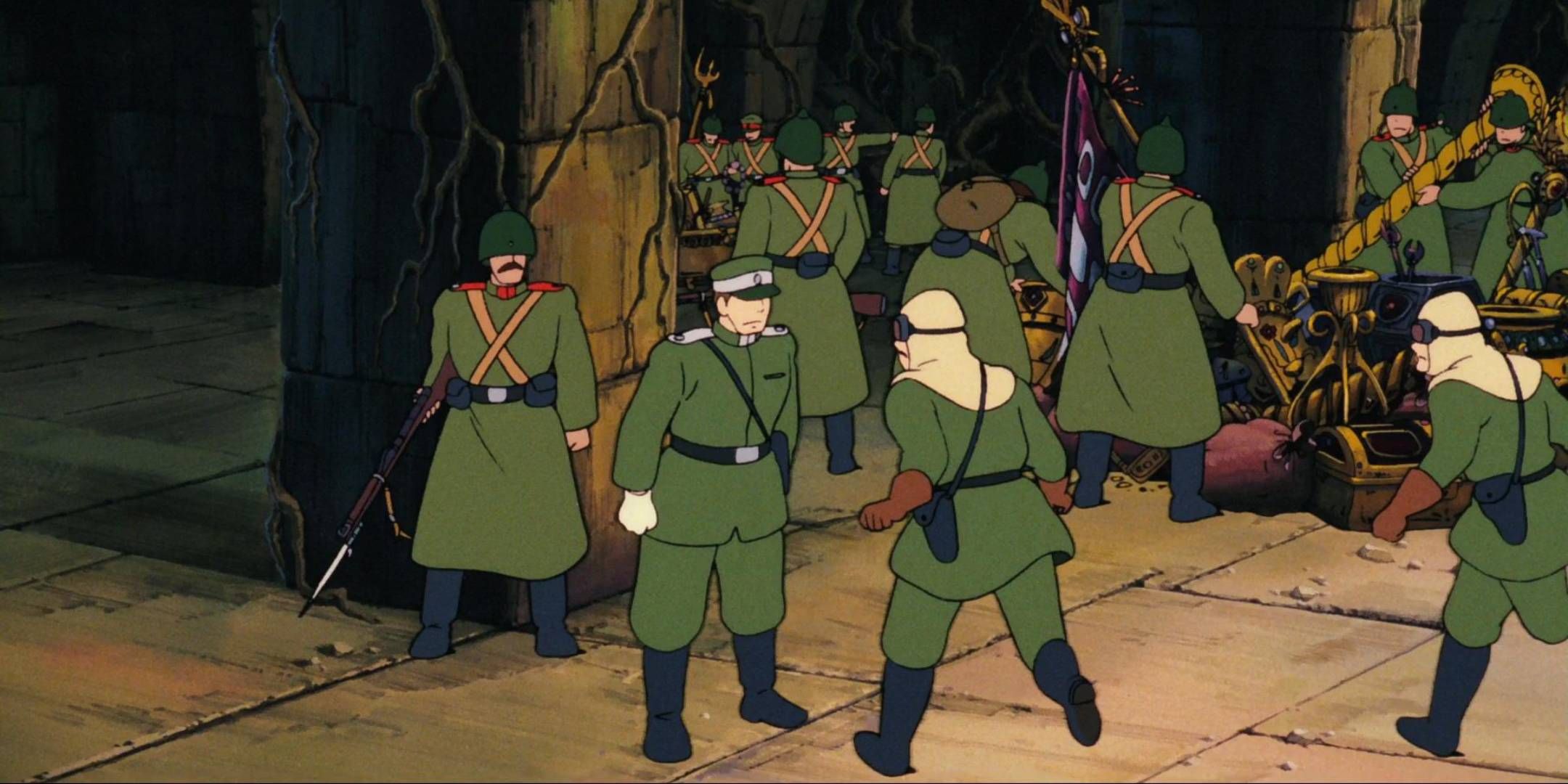 A group of soldiers gathering in Laputa in Castle in the Sky.
