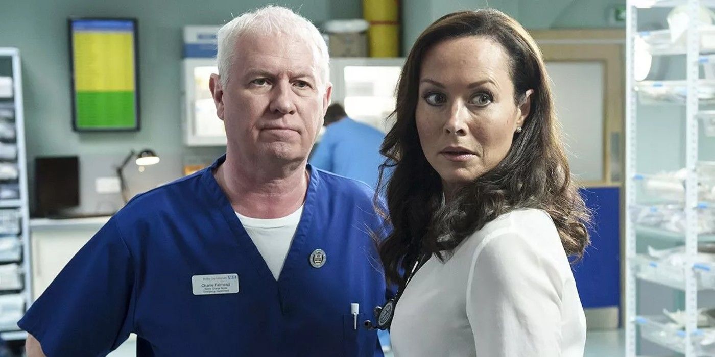 Two doctors in Casualty BBC One TV show.