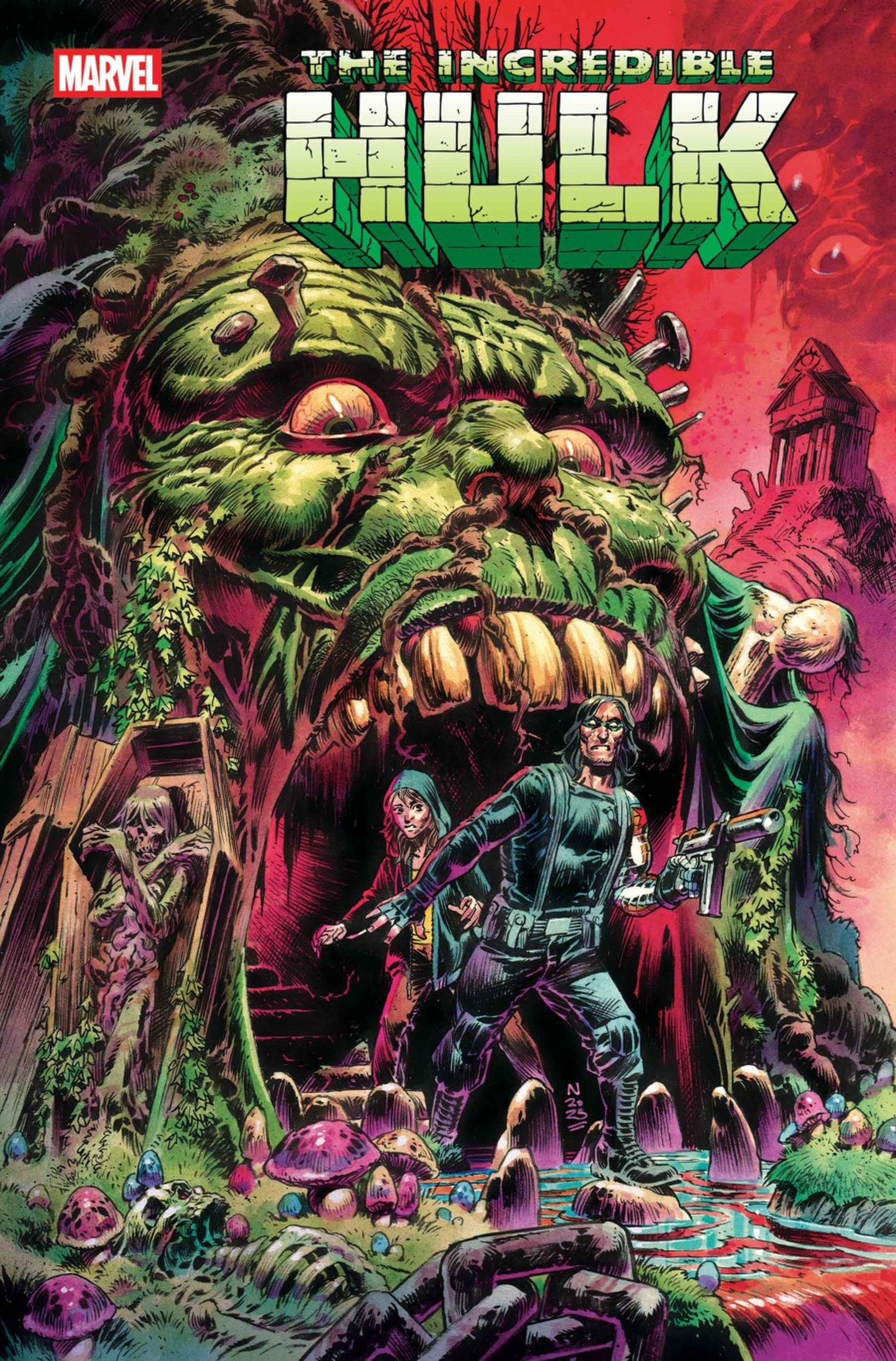 Cave Mouth Hulk on cover of Incredible Hulk #26 with Winter Soldier and Charlie