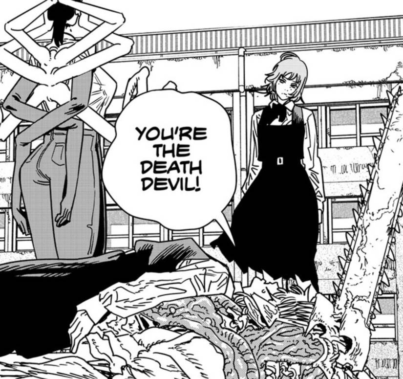 Le faux homme à la tronçonneuse proclame que « Fami » est le véritable diable de la mort tandis que le diable en chute libre regarde