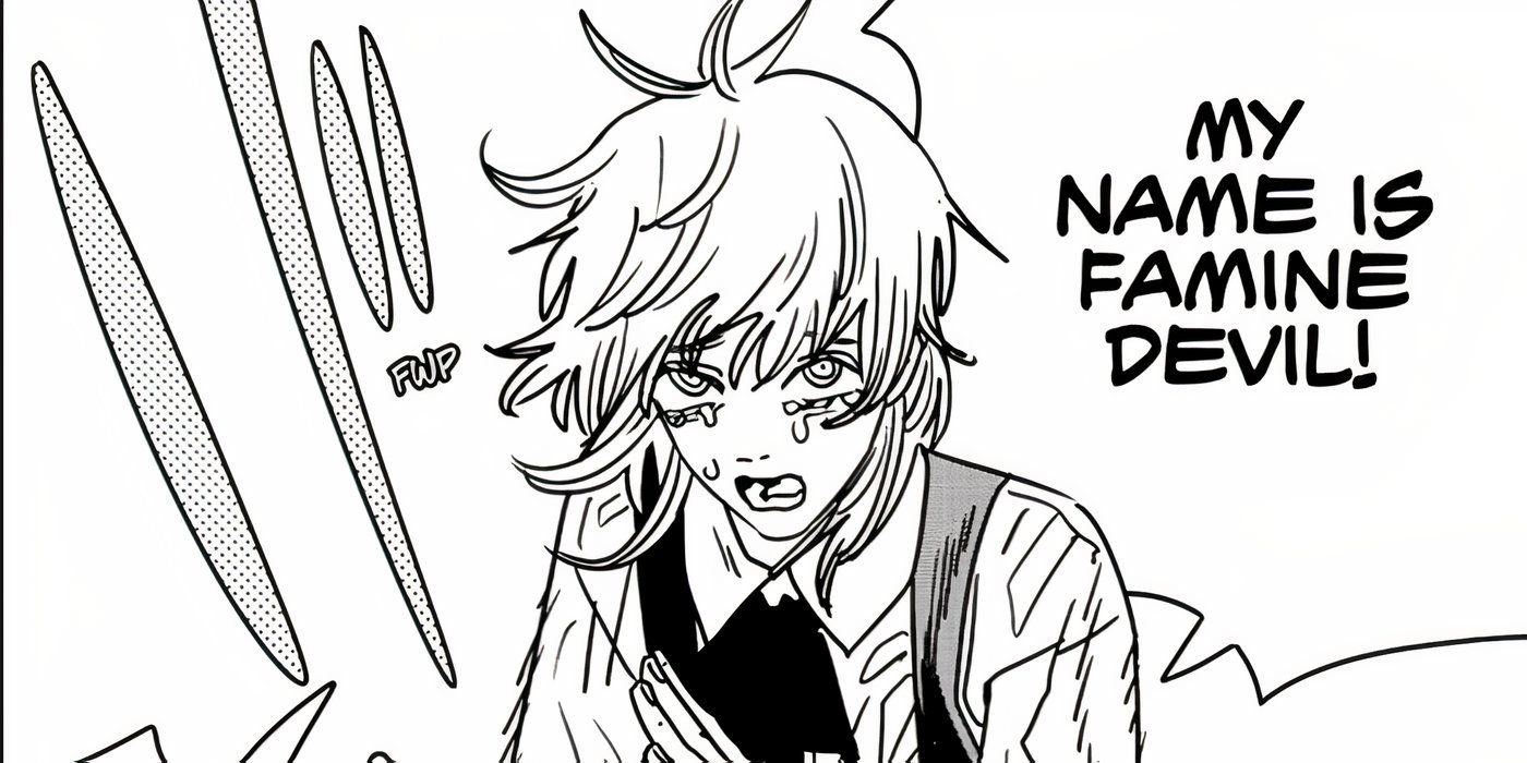 The real Famine Devil stating her name with tears in her eyes in Chainsaw Man chapter #198.