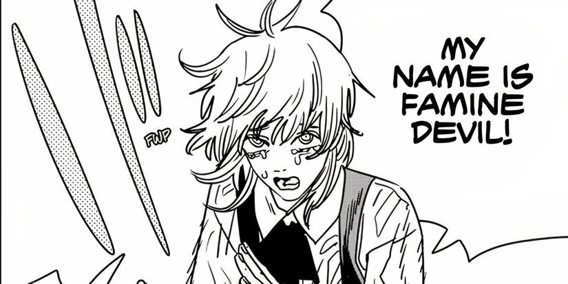 The real Famine Devil stating her name with tears in her eyes in Chainsaw Man chapter #198.