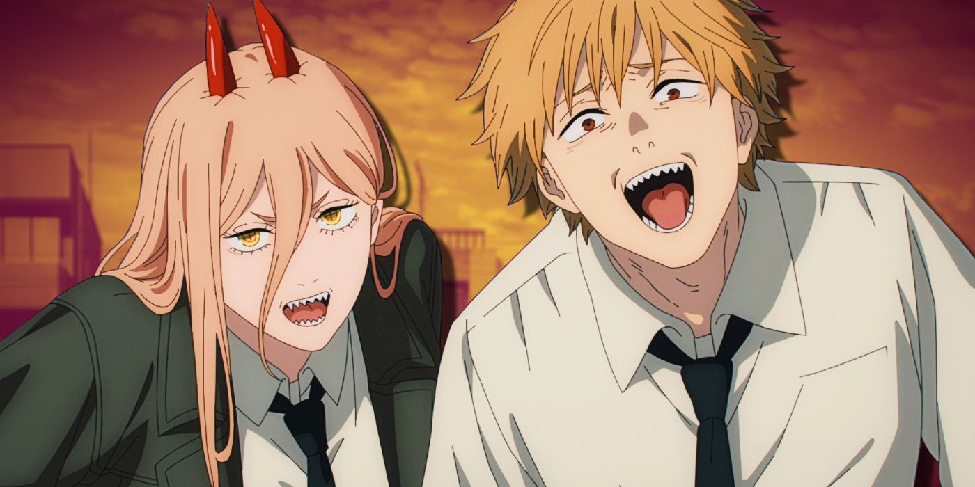 Chainsaw Man&rsquo;s Denji and Power laughing with an orange and yellow sky behind them.