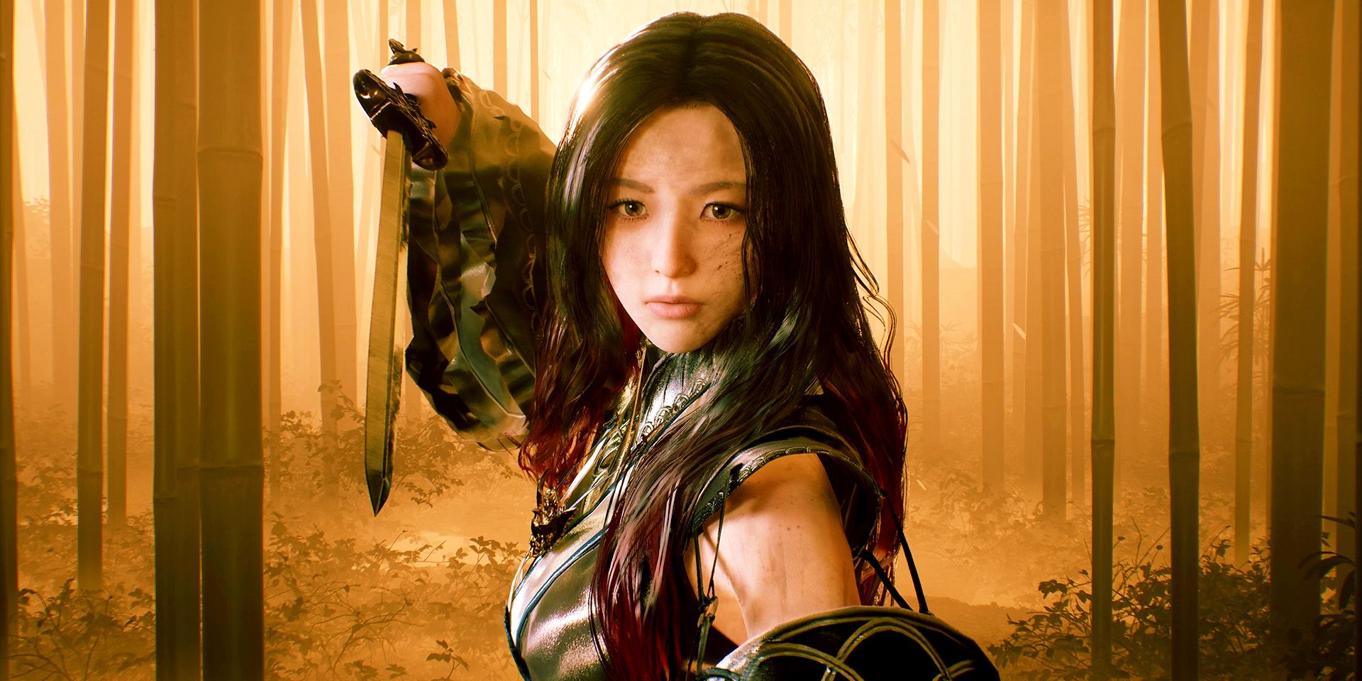 Character from Phantom Blade Zero holds up a sword in a bamboo forest.