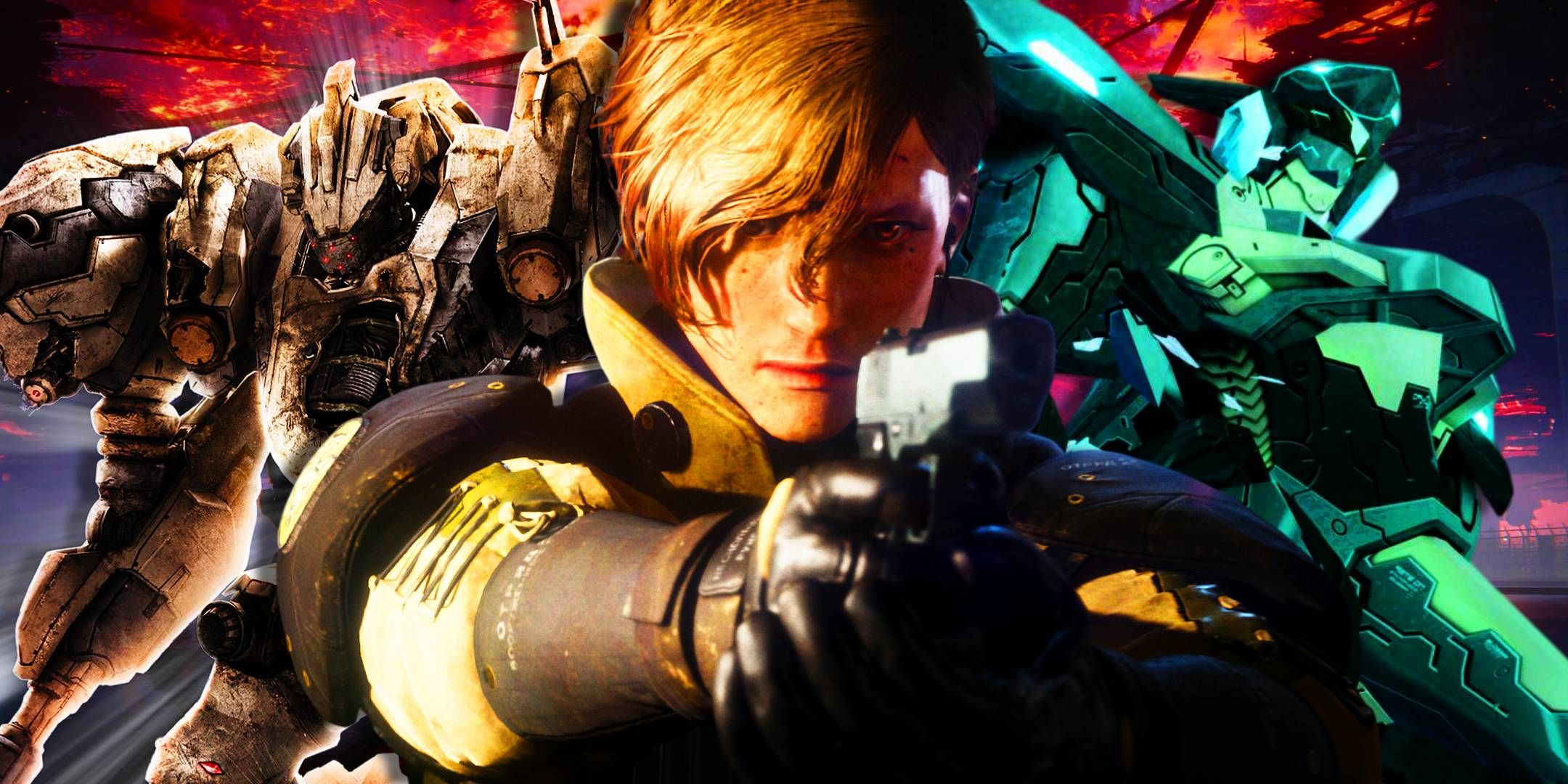 Mikhail Shuvalov holding a pistol in Left Alive with mechs from Armored Core 6 and Zone of the Enders behind him.