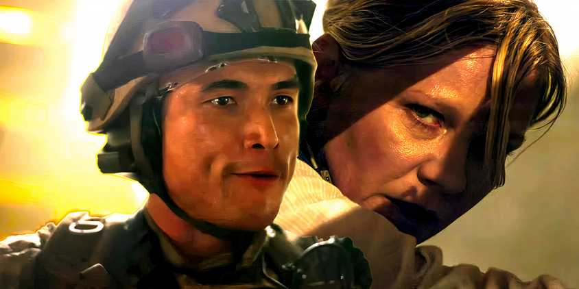 Charles Melton as Jake looking thoughtfully in Warfare and Kirsten Dunst as Lee looking angry in Civil War
