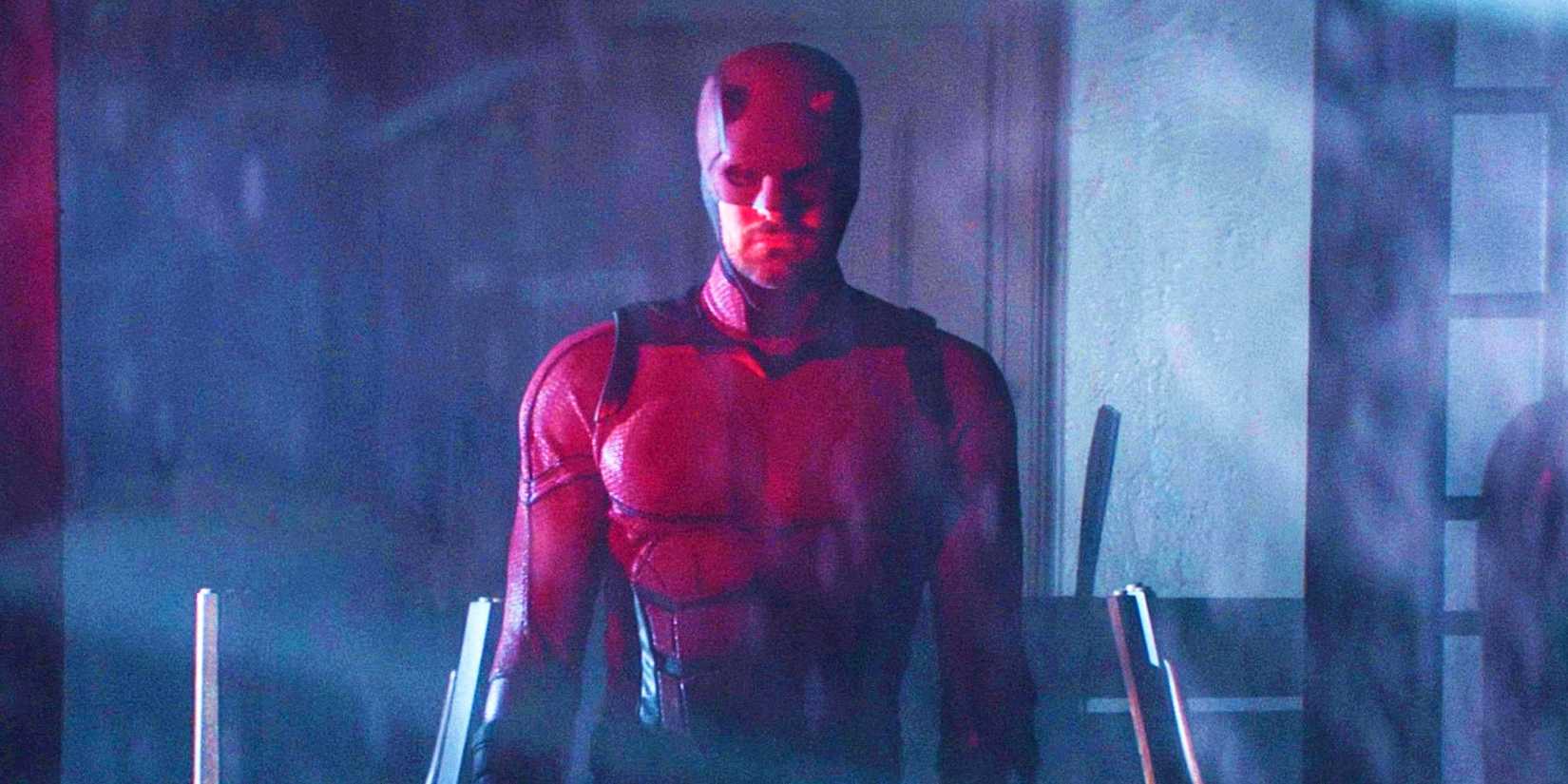 Charlie Cox As Daredevil In Full Costume Standing Amid Tables and Chairs In Josie's In Daredevil Born Again Episode 9