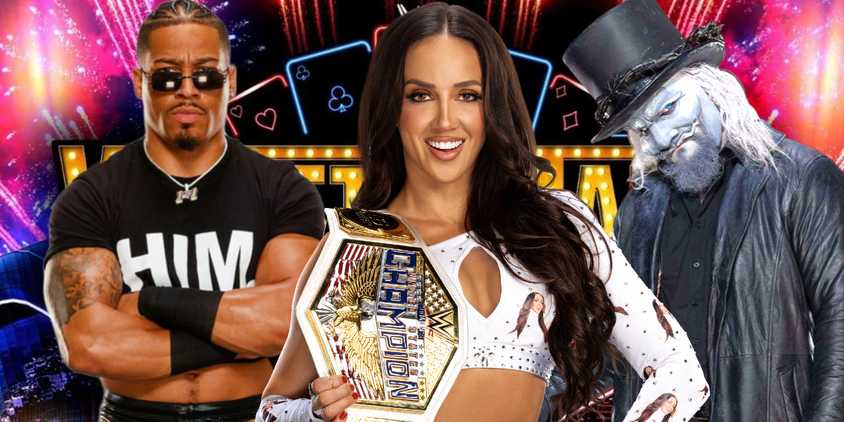 Chelsea Green Carmelo Hayes and Uncle Hody with the Wrestlemania 41 logo