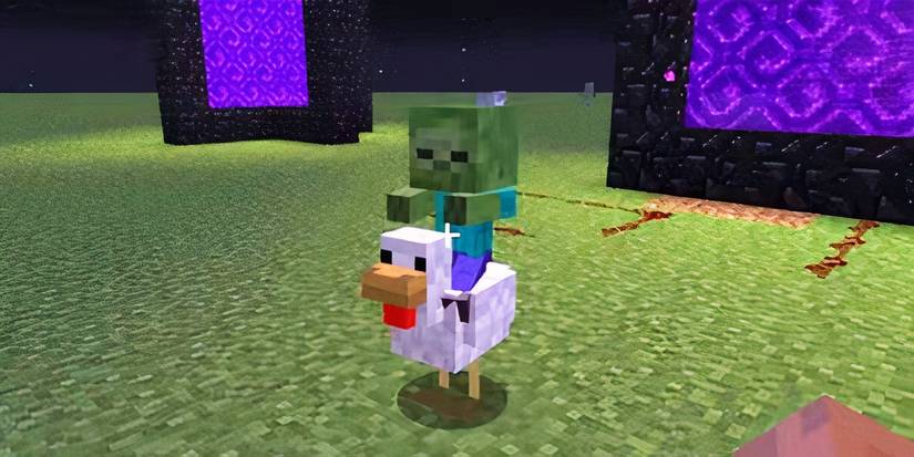 A Chicken Jockey standing in a field in the Minecraft Game