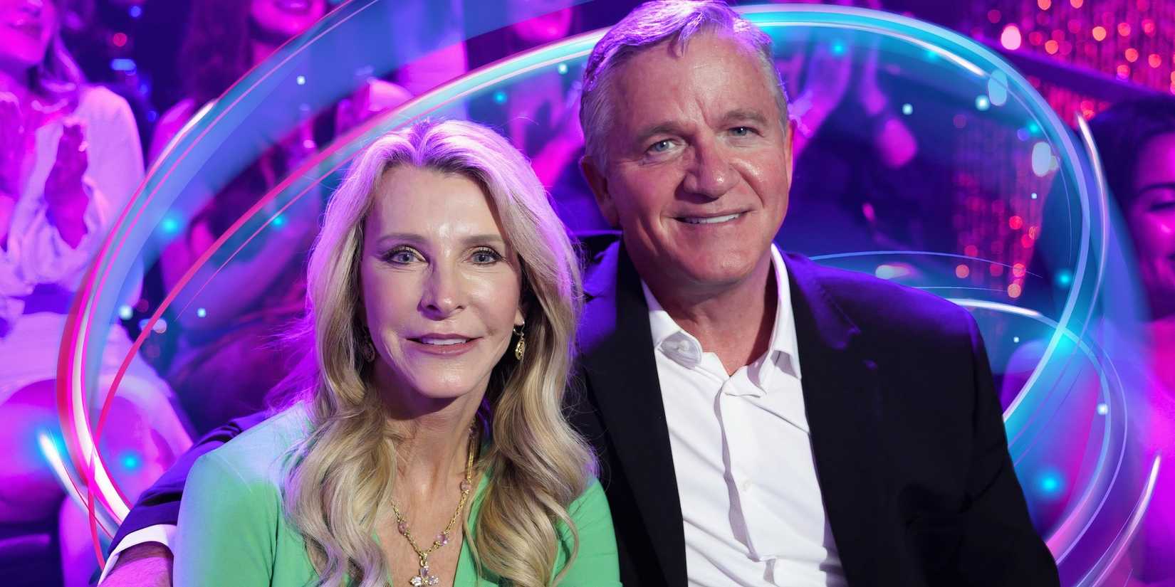 The Golden Bachelorette stars Joan Vassos and Chock Chapple in montage with both smiling and blue and purple background