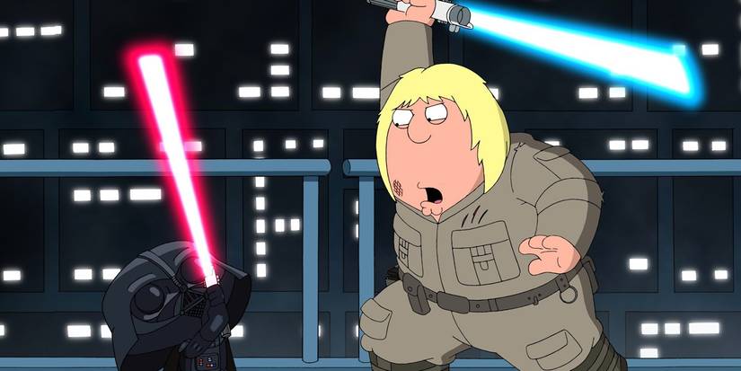 Chris and Stewie in a lightsaber fight in Family Guy