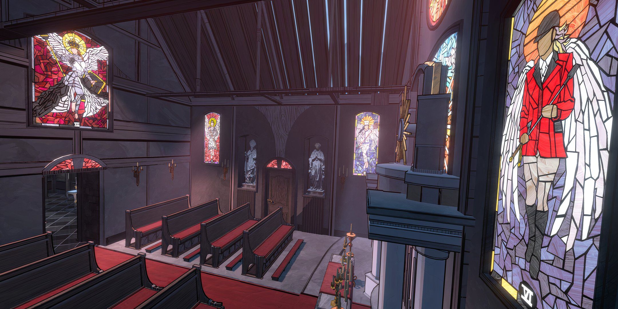 The Church in Blue Prince with figures in the window.