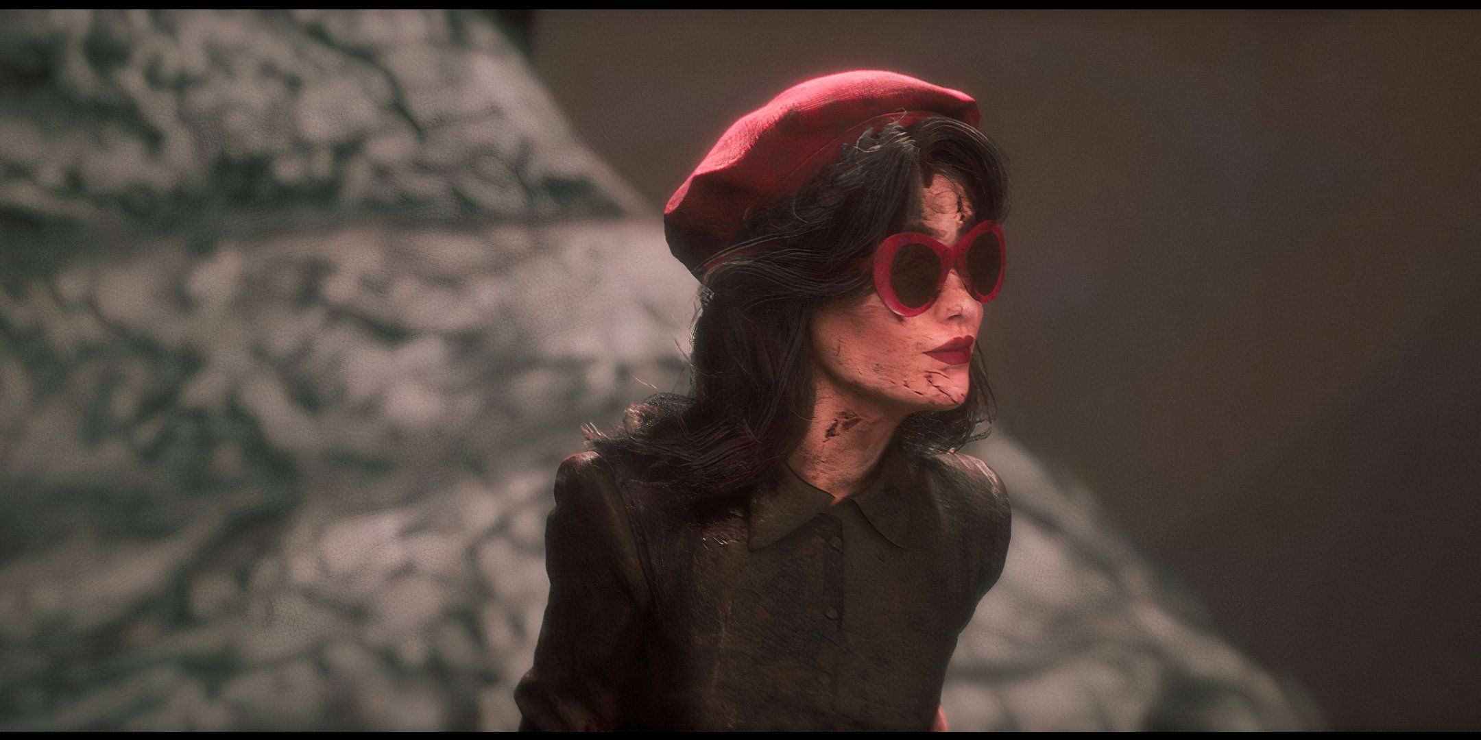 Clair Obscur Lune bloodied with beret and glasses