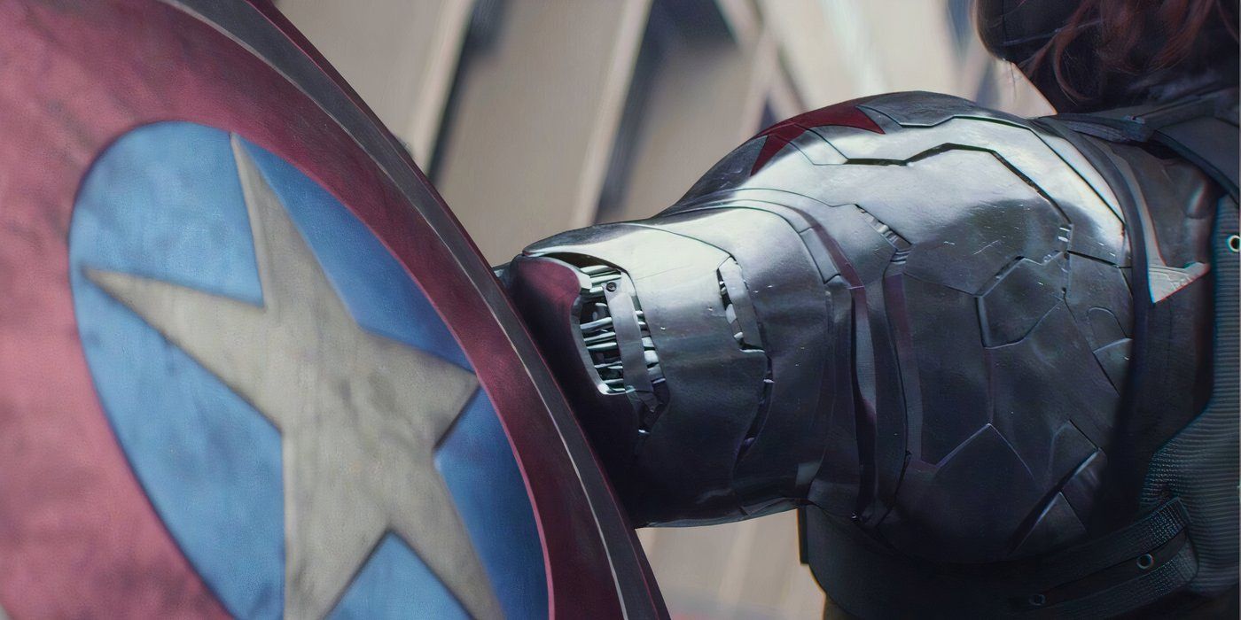 Close up image of Winter Soldier&rsquo;s prosthetic arm blocking Captain America&rsquo;s shield in Captain America The Winter Soldier (2014)