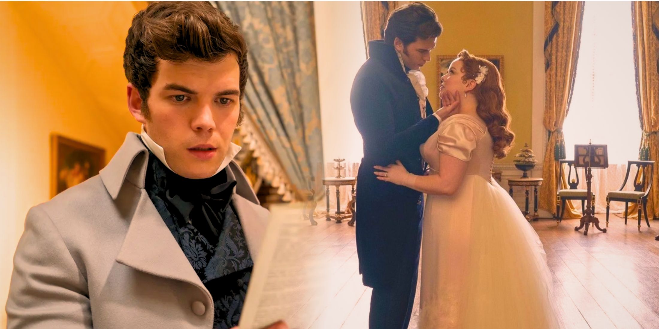 A blended image features Colin Bridgerton reading Lady Whistledown and Colin dancing with Penelope at their wedding on Bridgerton