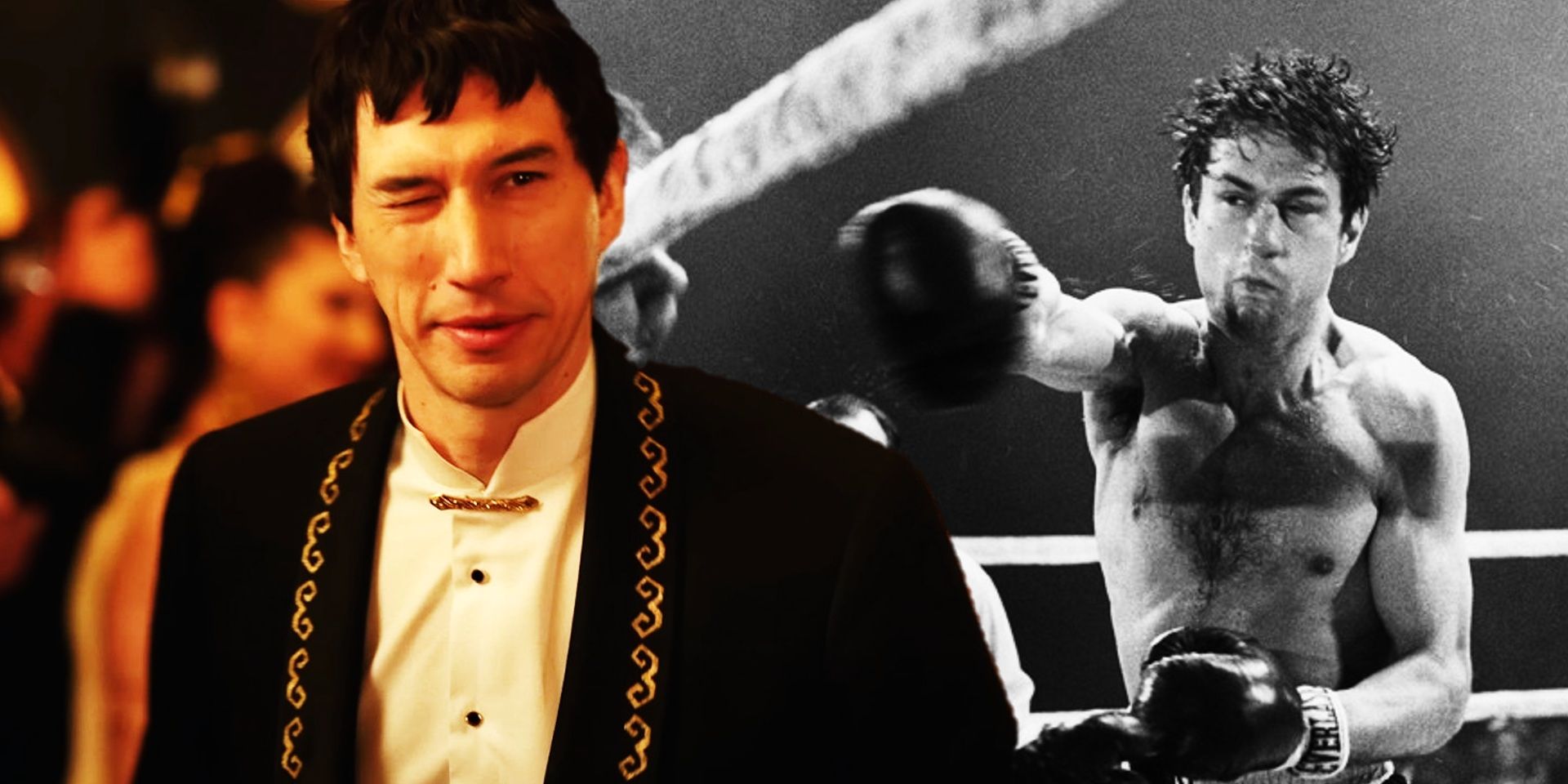 Collage of Adam Driver in Megalopolis and Robert De Niro in Raging Bull