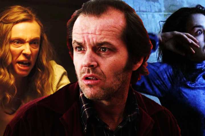 Collage of Toni Collette in Hereditary, Jack Nicholson in The Shining, and Isabelle Adjani in Possession