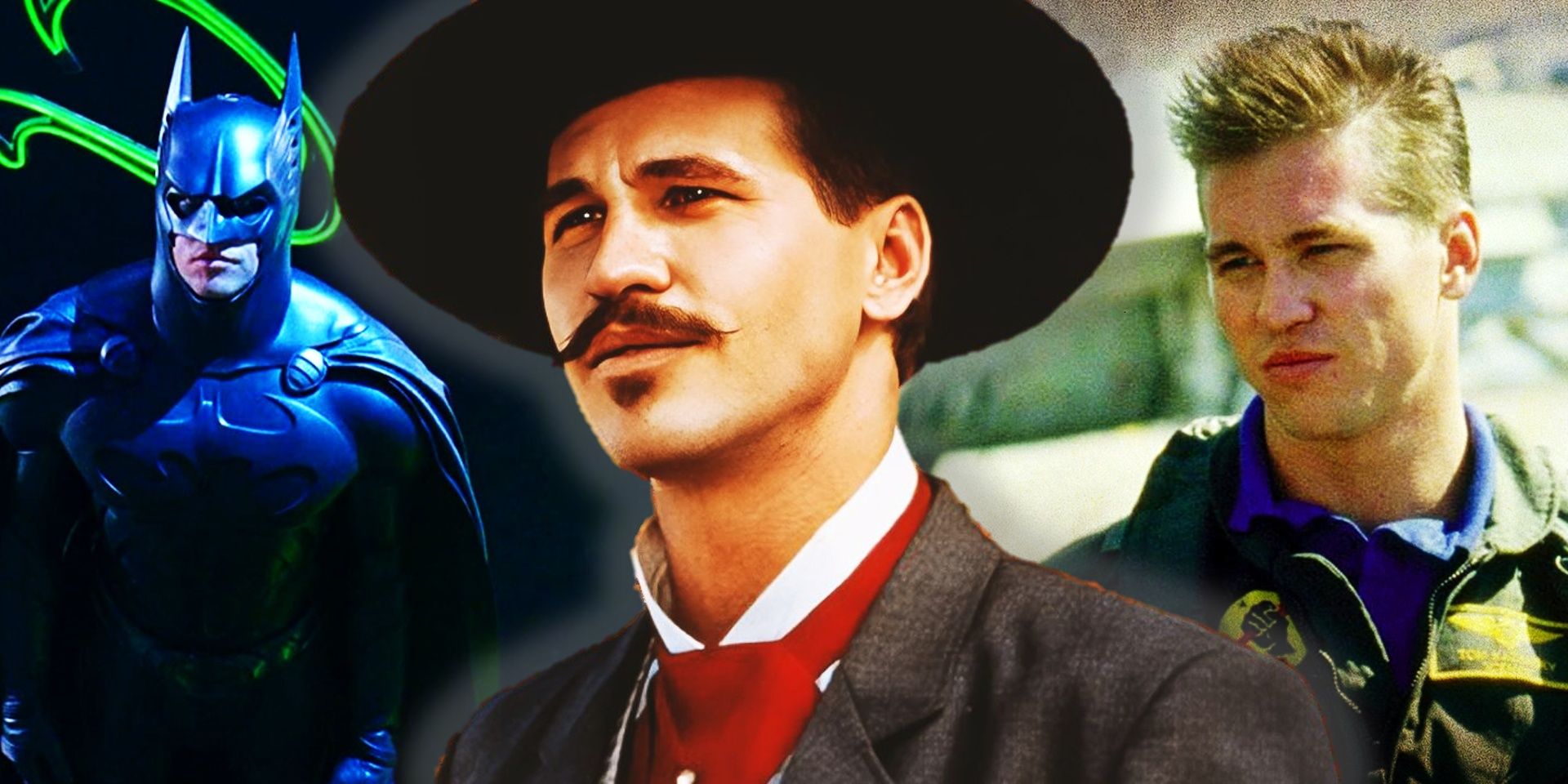 Collage of Val Kilmer in Batman Forever, Tombstone, and Top Gun