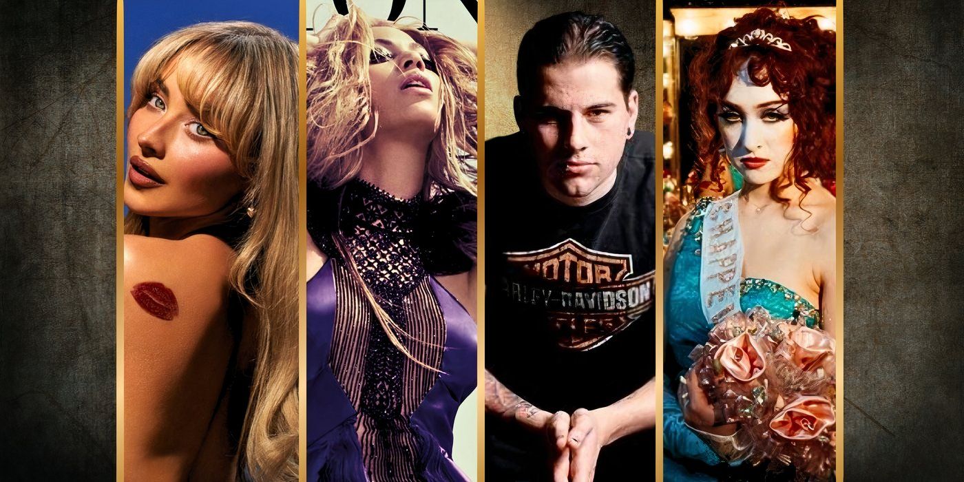 Collage of singers Sabrina Carpenter, Beyonce, M.Shadows, and Chappell Roan