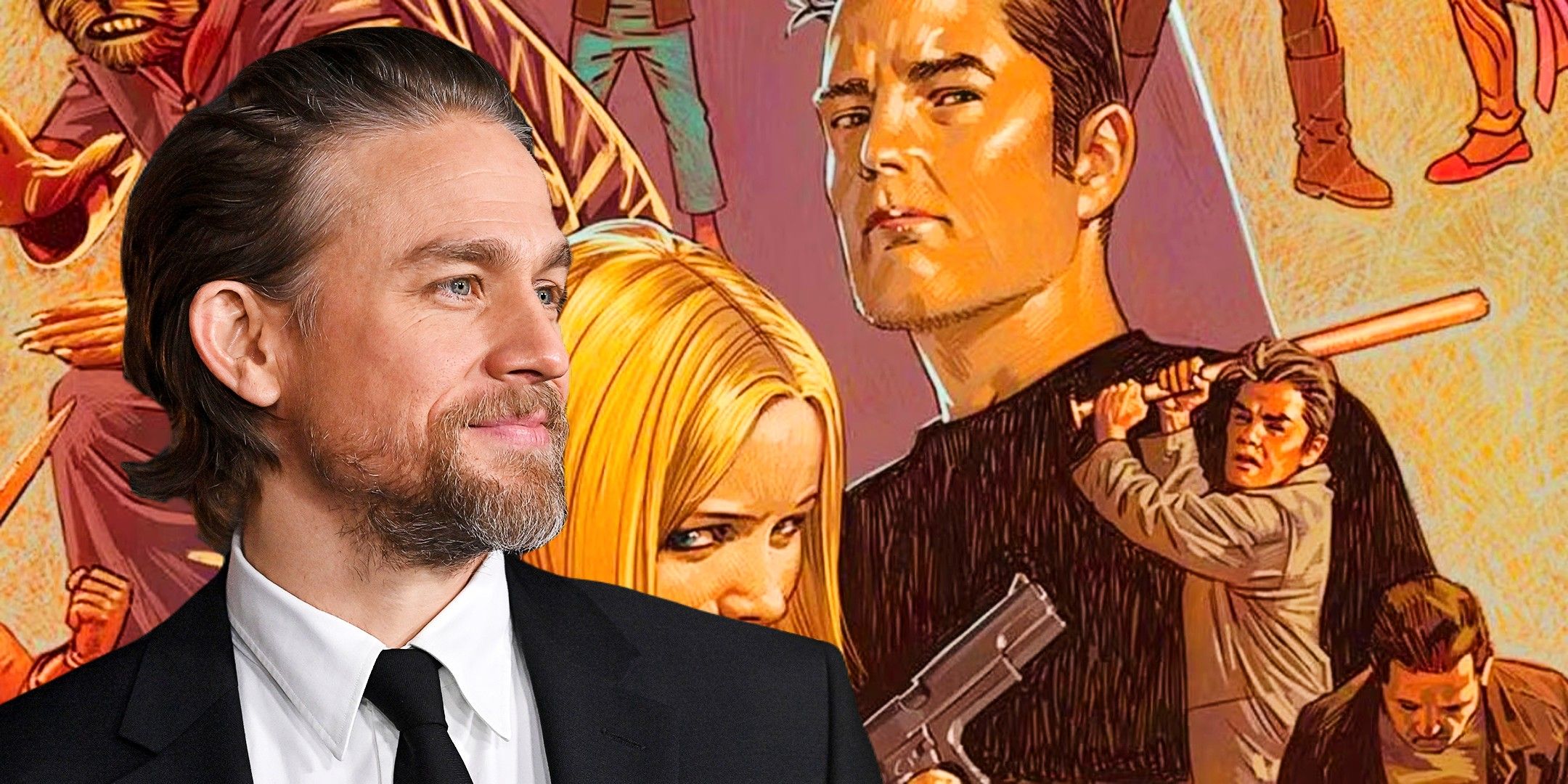A composite image of Charlie Hunnam smiling in front of characters from the Criminal comic book series.