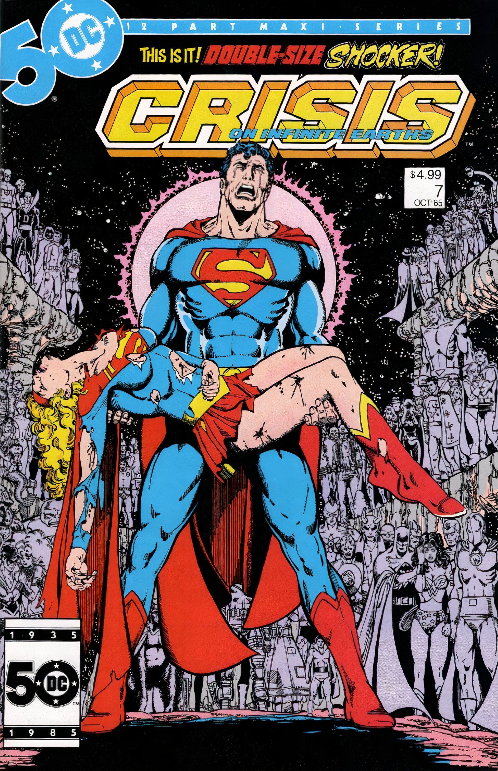 Crisis on Infinite Earths #7 Supergirl dead in Superman's arms as he cries