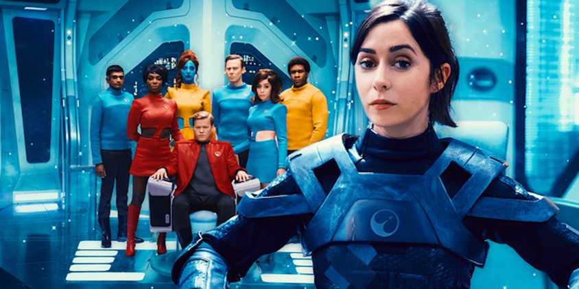 Cristin Milioti's Nanette beside the cast of USS Callister in Black Mirror season 7