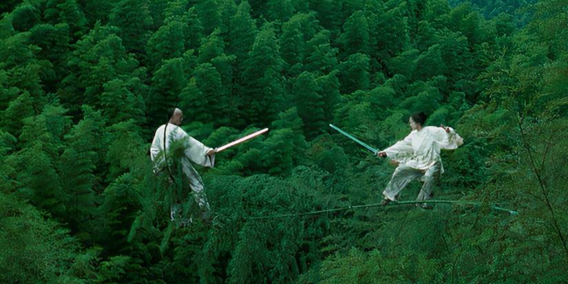Two warriors holding swords square off atop a bent tree in a forest in Crouching Tiger, Hidden Dragon