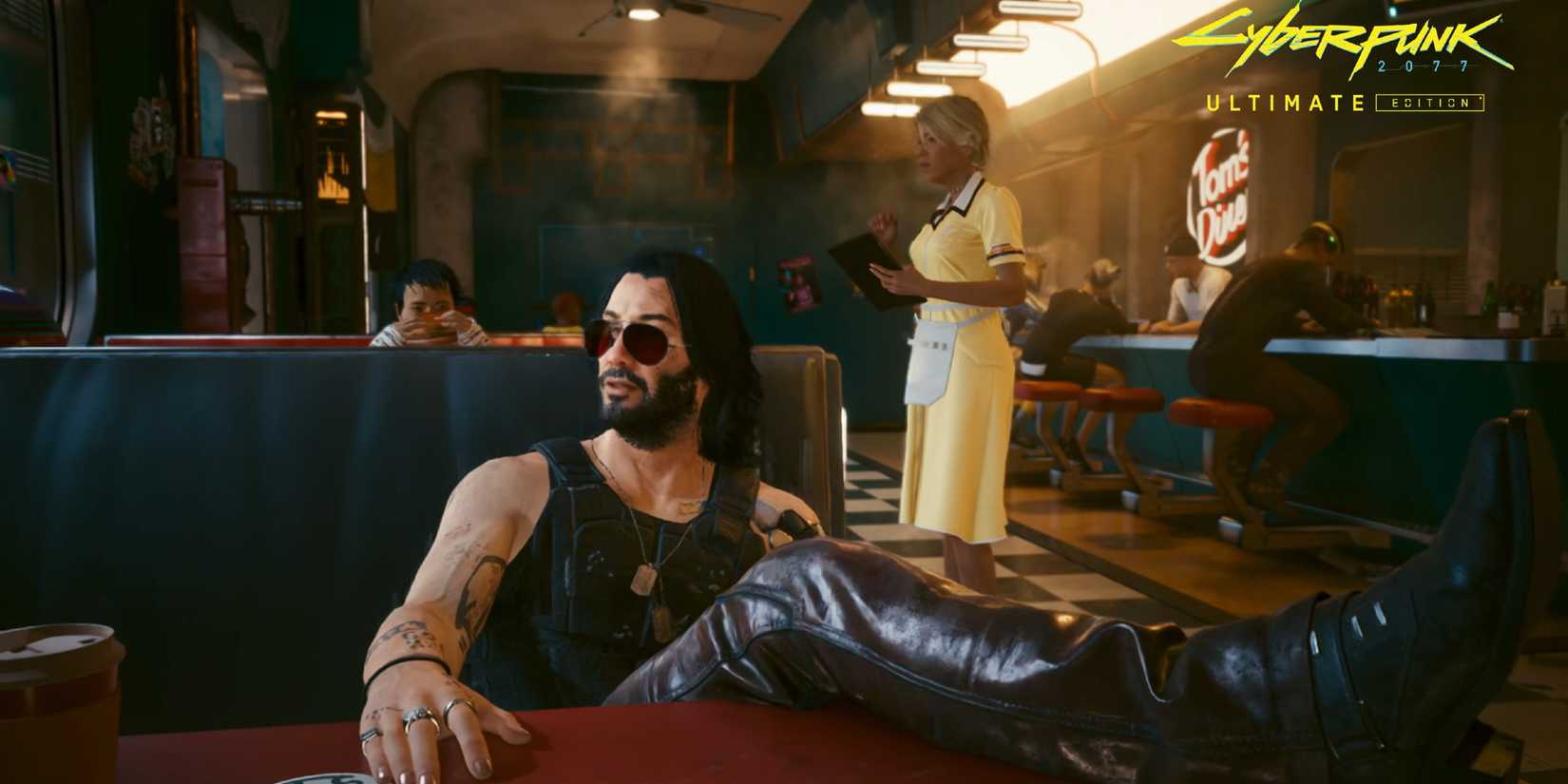 Jonny Silverhand sitting at a diner with his leg on the table in Cyberpunk 2077.