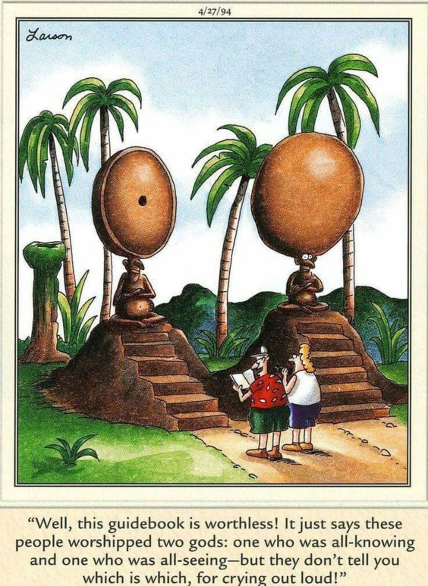 Far Side, Two tourists looking at deity statues in the jungle.