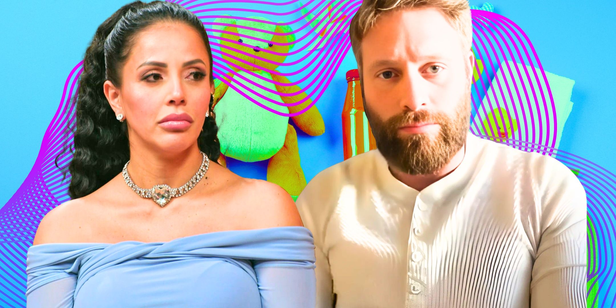 90 Day Fiancé’s Jasmine Pineda and Matt Branis look serious with a stuffed animal in the background