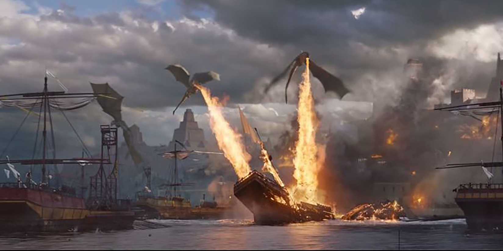 Daenerys' dragons burning ships in Meereen in Game of Thrones season 6, episode 9