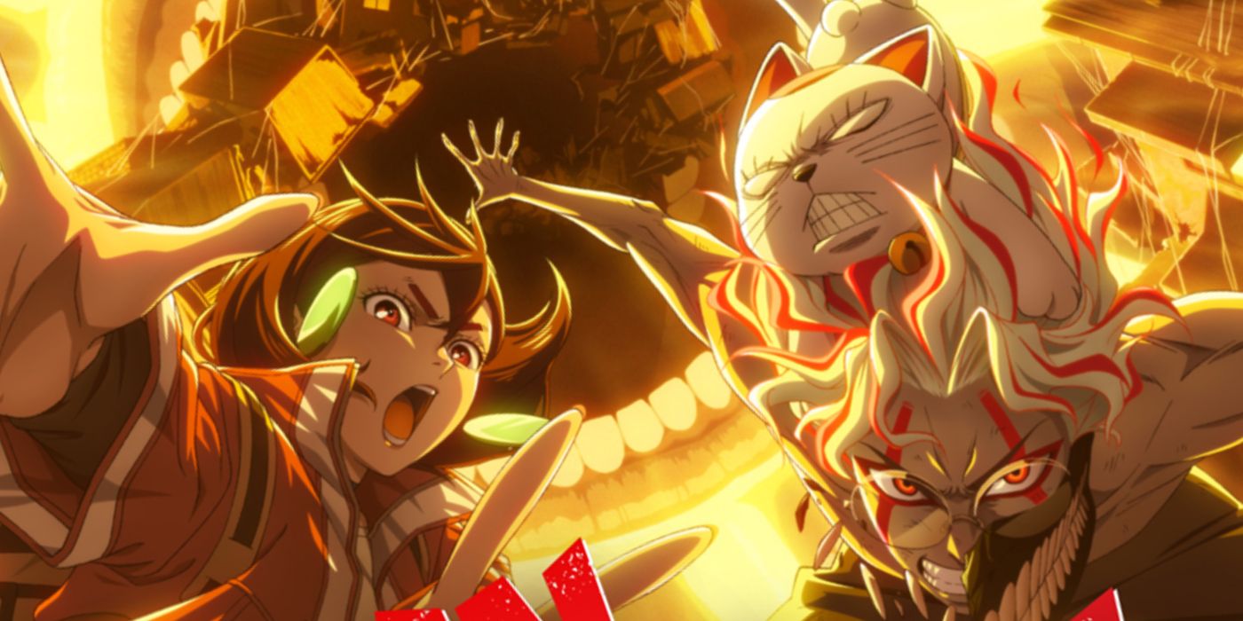 Dandadan&rsquo;s Momo yells with her hands out while Okarun is in his Yokai form with Turbo Granny on his back.