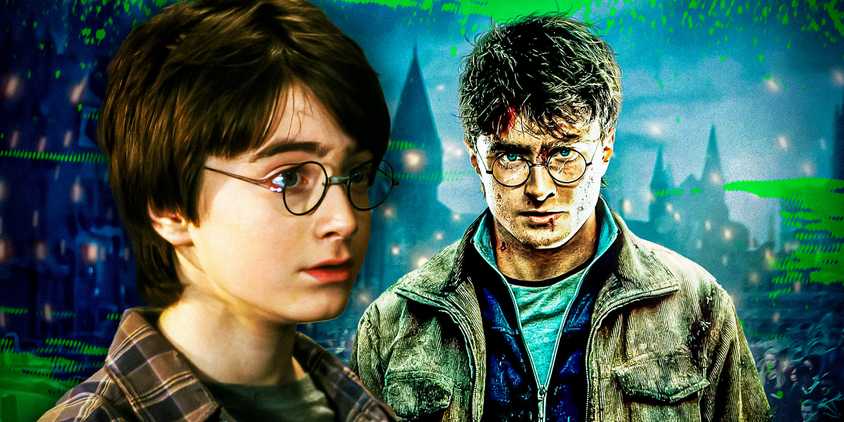 Daniel Radcliffe as Harry Potter in The Sorcerer's Stone and The Deathly Hallows with Hogwarts as the background