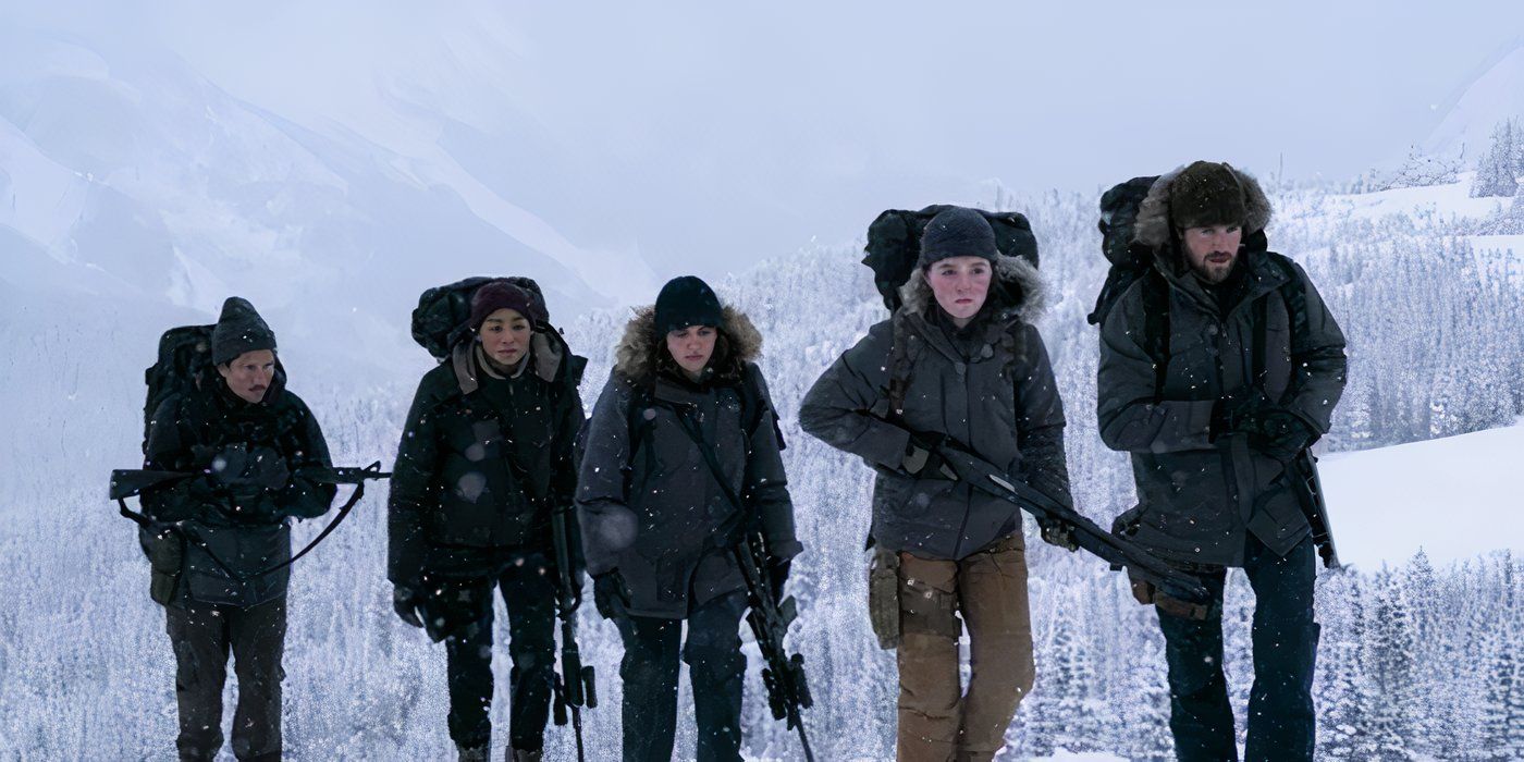 Danny Ramirez, Tati Gabrielle, Ariela Barer, Kaitlyn Dever, Spencer Lord walking in The Last of Us