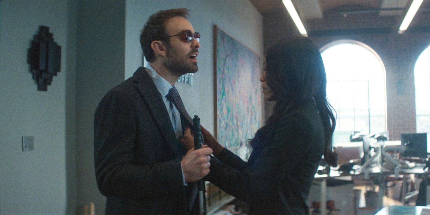 Kirsten McDuffie (Nikki M. James) fixing Matt Murdock&rsquo;s (Charlie Cox) tie in Daredevil: Born Again Season 1 Ep 8