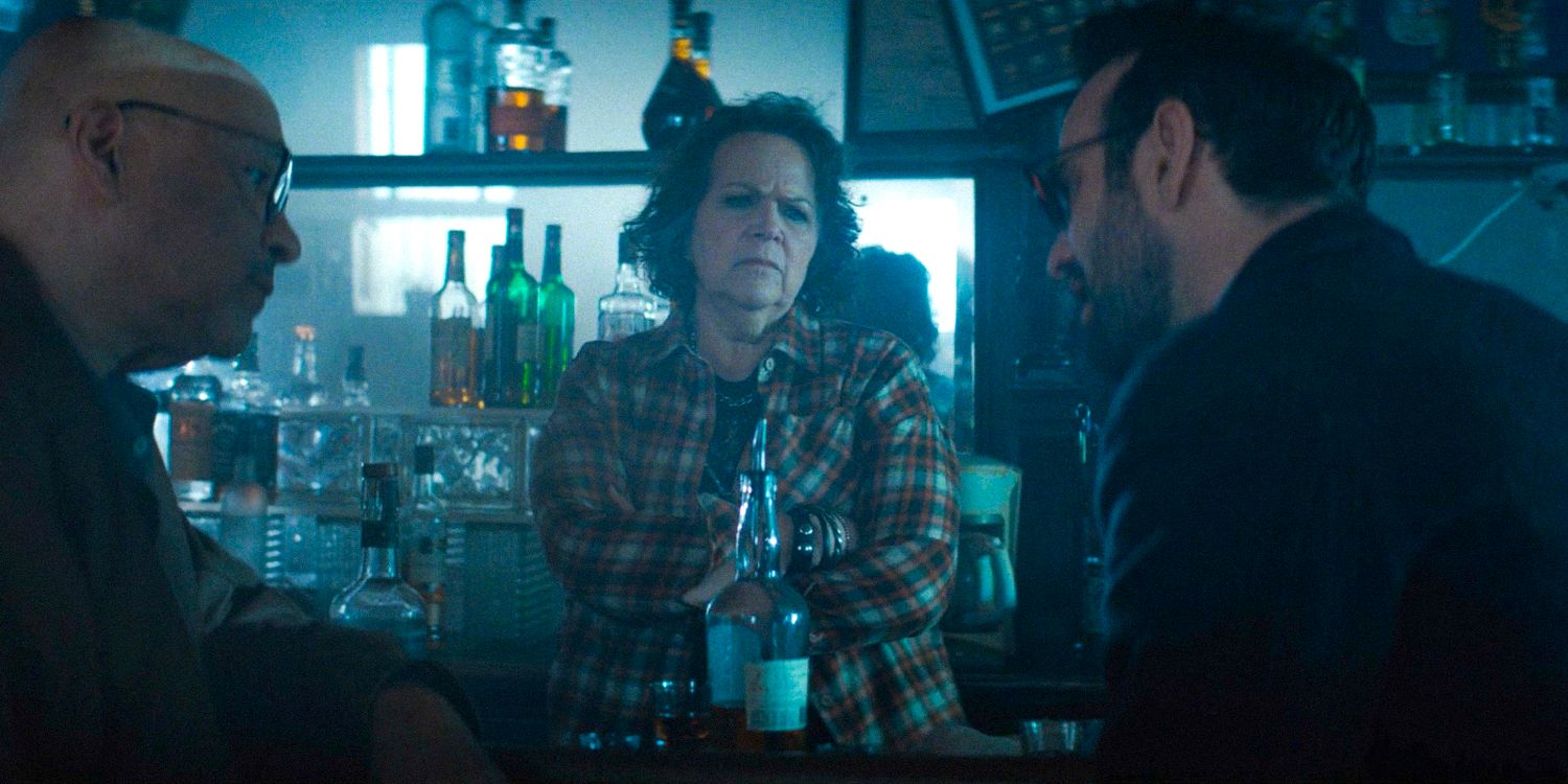 Cherry (Clark Johnson), Josie ( Susan Varon) and Matt Murdock (Charlie Cox) talking in a bar in Daredevil: Born Again Season 1 Ep 8