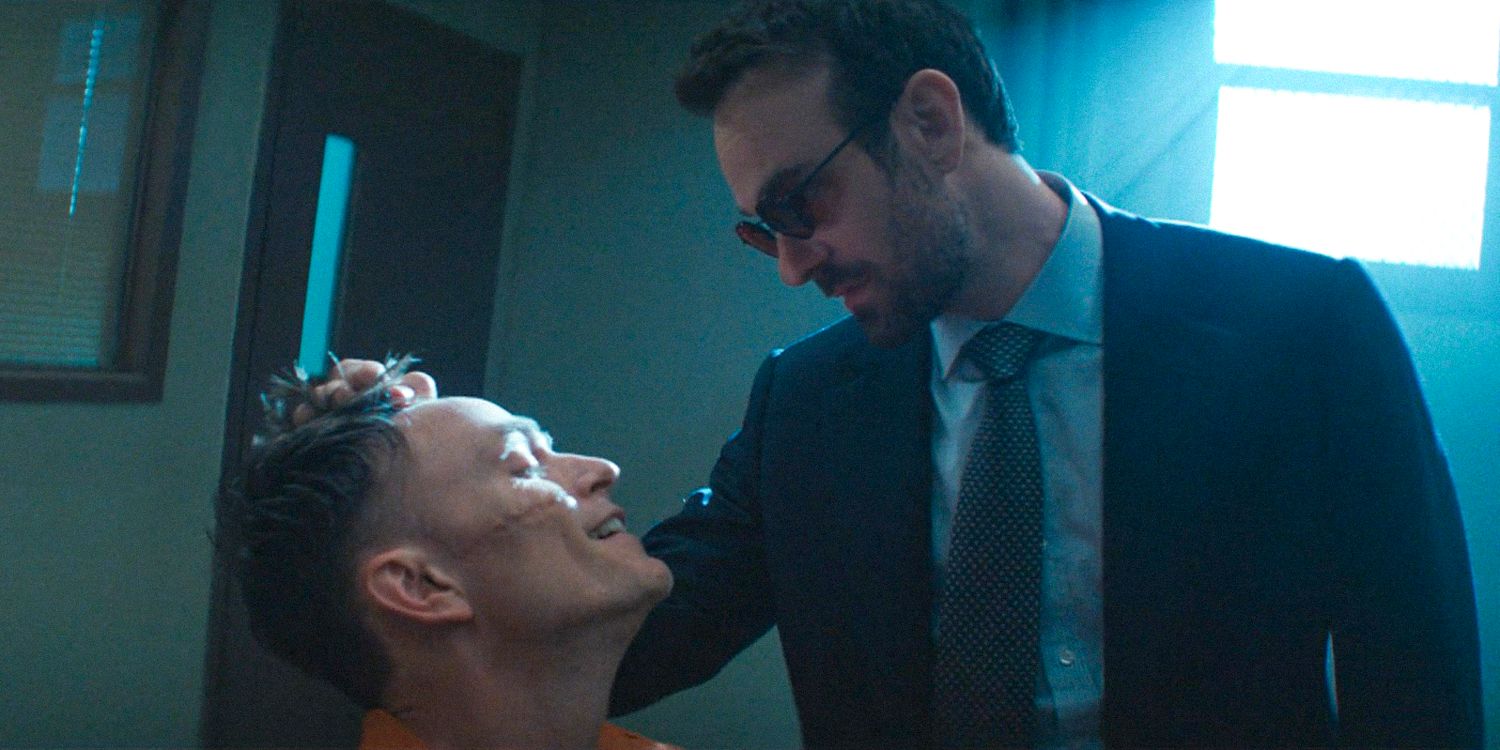 Matt Murdock (Charlie Cox) holding Poindexter (Wilson Bethel) by the hair in Daredevil: Born Again Season 1 Ep 8