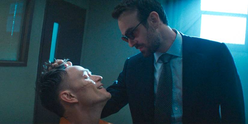 Matt Murdock (Charlie Cox) holding Poindexter (Wilson Bethel) by the hair in Daredevil: Born Again Season 1 Ep 8