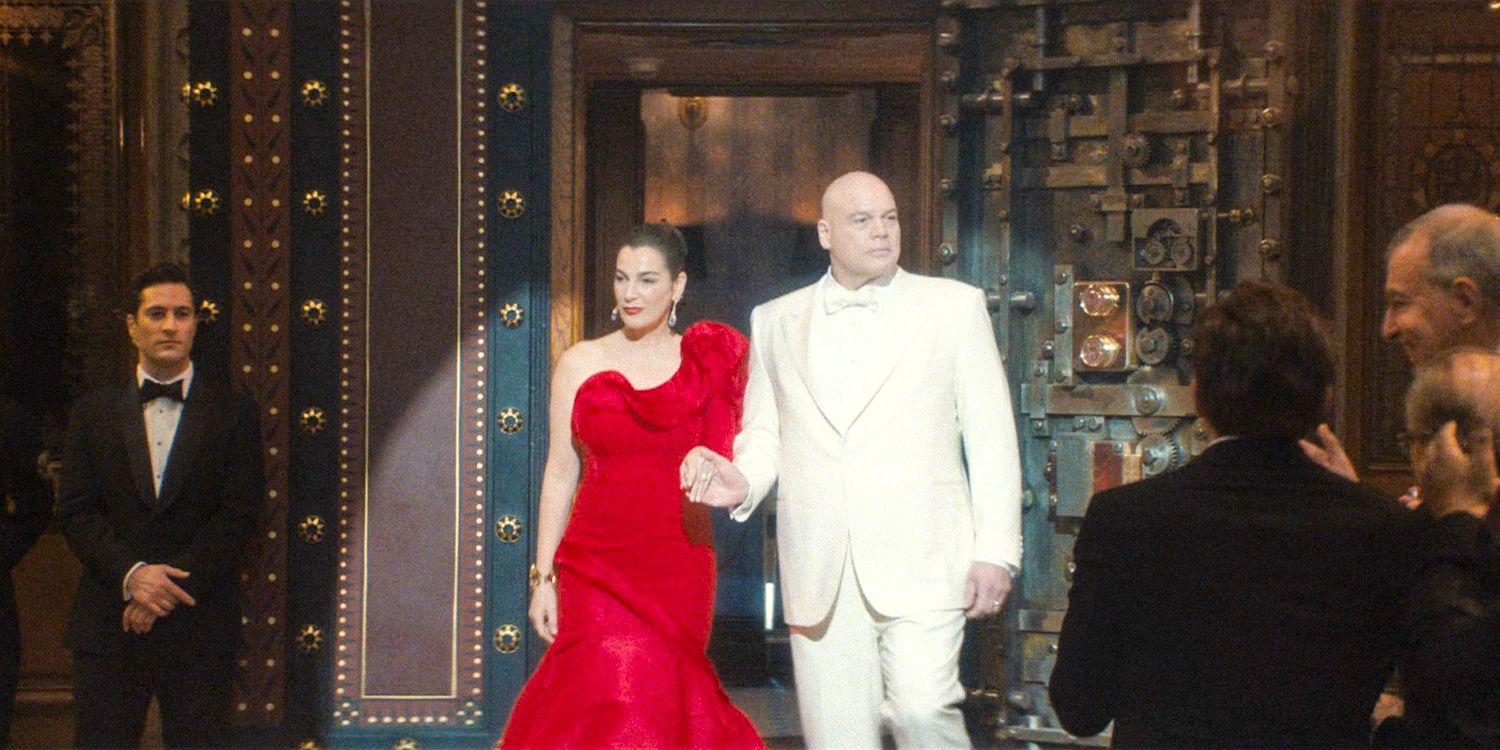 Wilson Fisk (Vincent D&rsquo;Onofrio) and Vanessa (Ayelet Zurer) make their entrance to the Isle of Joy gala in Daredevil: Born Again Season 1 Ep 8